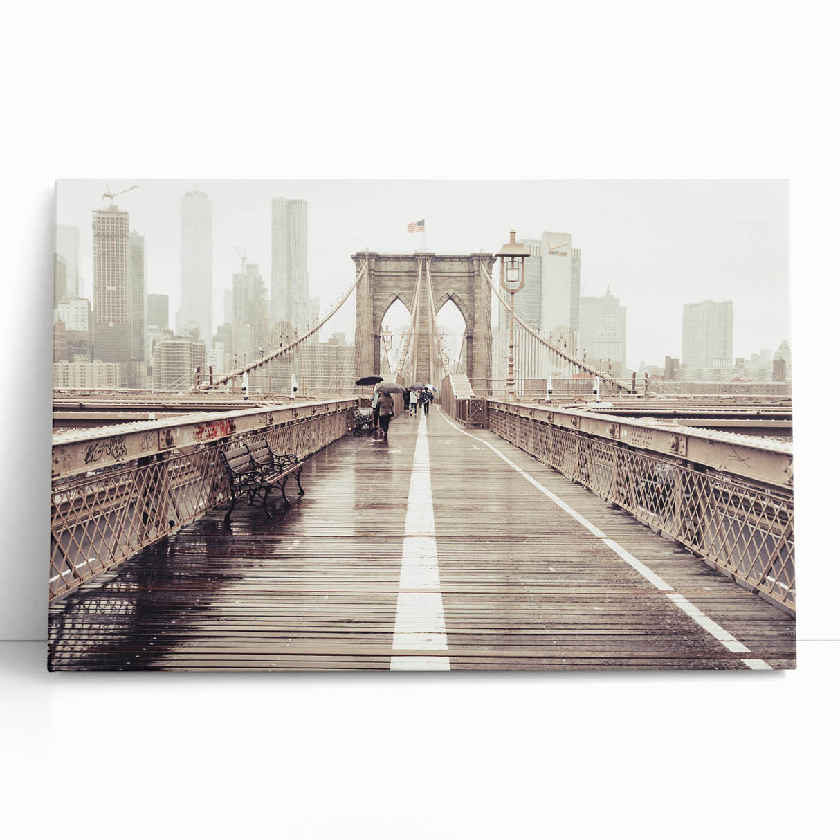 Black and white photo of Brooklyn Bridge on stretched canvas, suitable as large kitchen wall art or for bedroom ambiance.