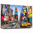 Acrylic print of Manhattan skyline with vivid blue and orange sunset hues, ideal for modern dining room decor.