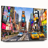 Acrylic print of Manhattan skyline with vivid blue and orange sunset hues, ideal for modern dining room decor.