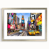 Textured art print of abstract Manhattan skyline in muted gray and silver tones, framed with mat, ideal for bedroom art.