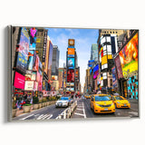 Framed canvas of a vintage Manhattan skyline in black with colorful accents, ideal for office decor.