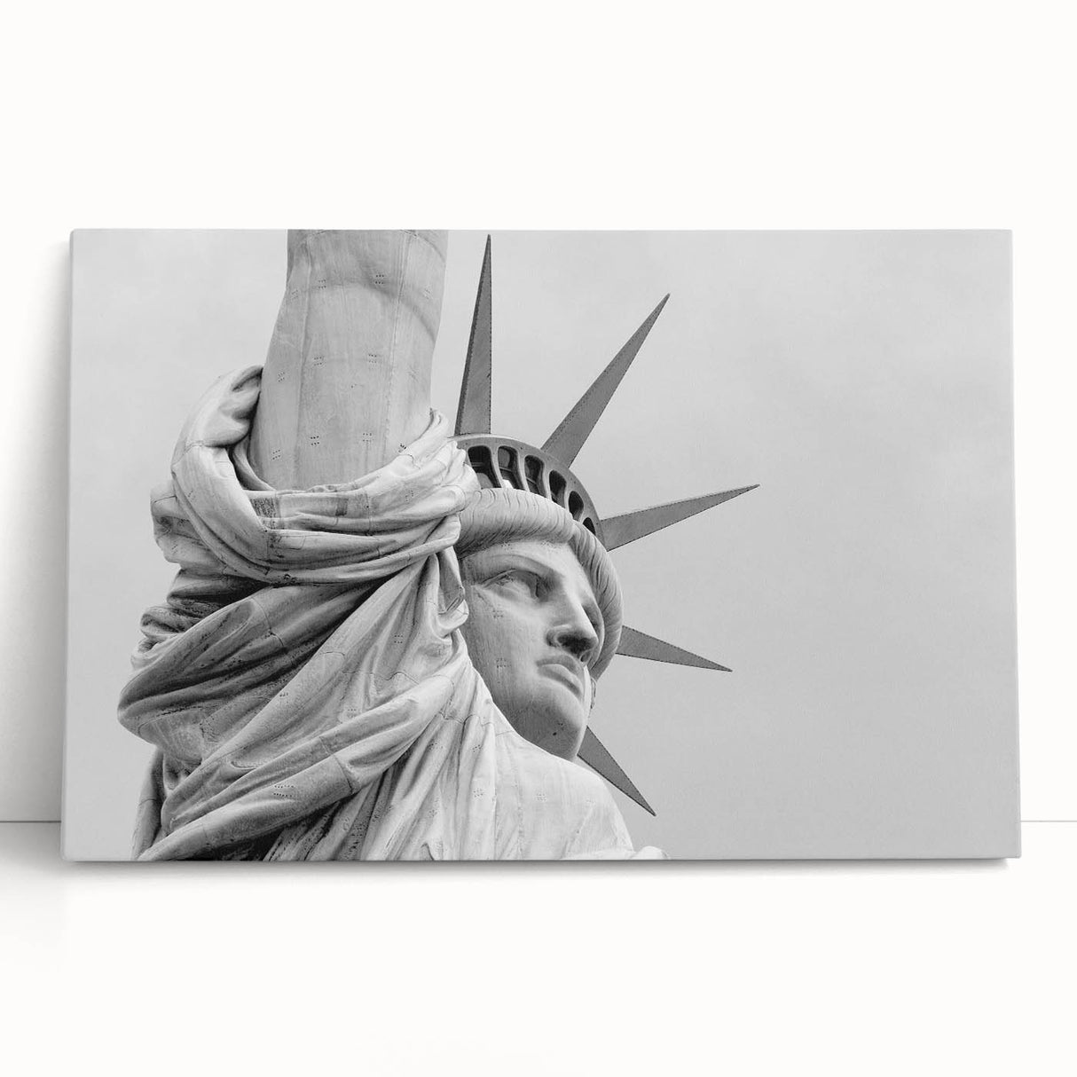 Large art of the Statue of Liberty in black and white on stretched canvas, suitable for bedroom wall decor.