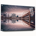 Acrylic print of a large abstract depiction of Pittsburgh, featuring vibrant blue and orange tones.