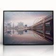 Large abstract wall art of Pittsburgh skyline in muted gray and blue tones on framed acrylic.