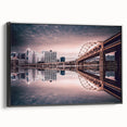 Black and white wall art of Pittsburgh skyline on framed canvas, ideal for bedroom decor.