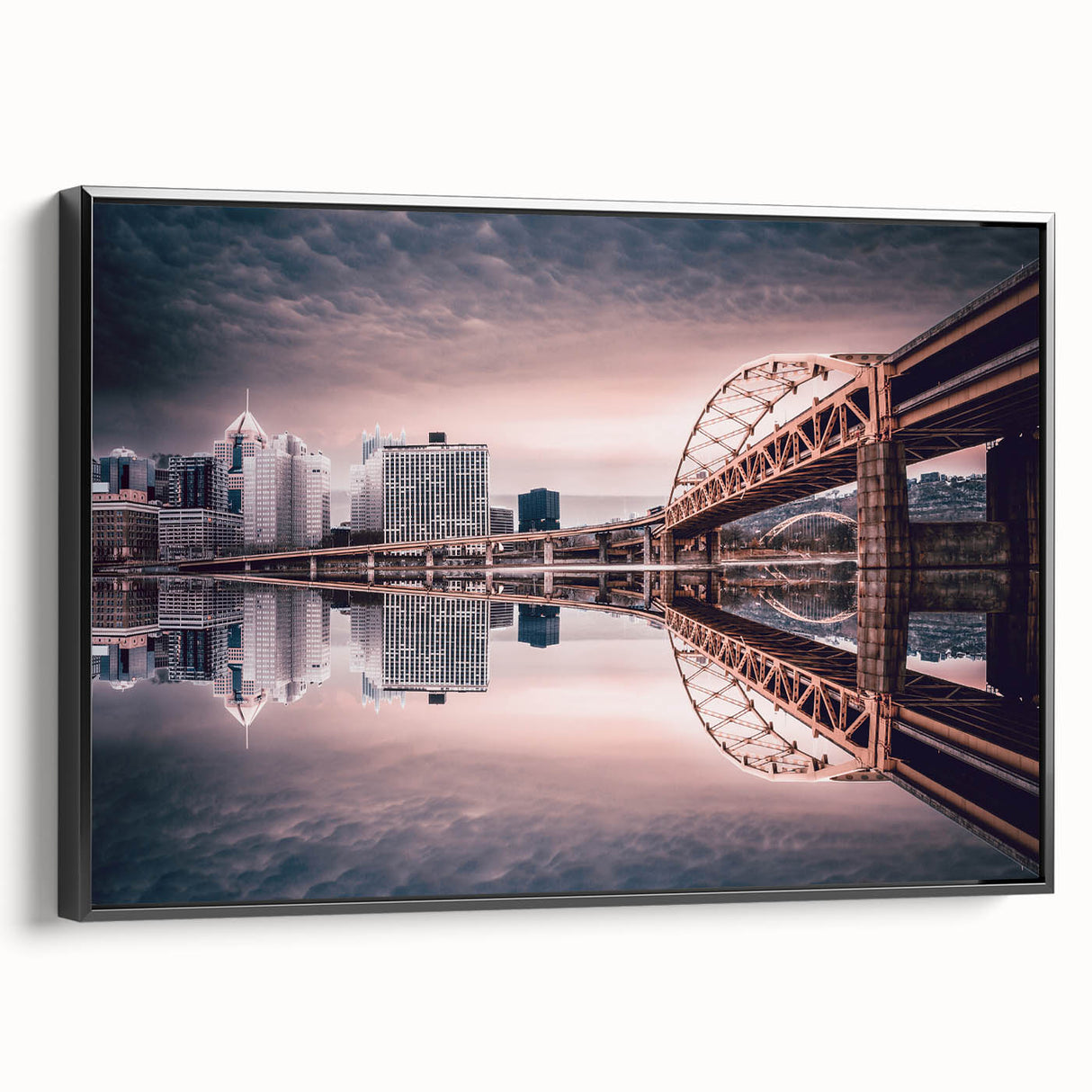 Black and white wall art of Pittsburgh skyline on framed canvas, ideal for bedroom decor.