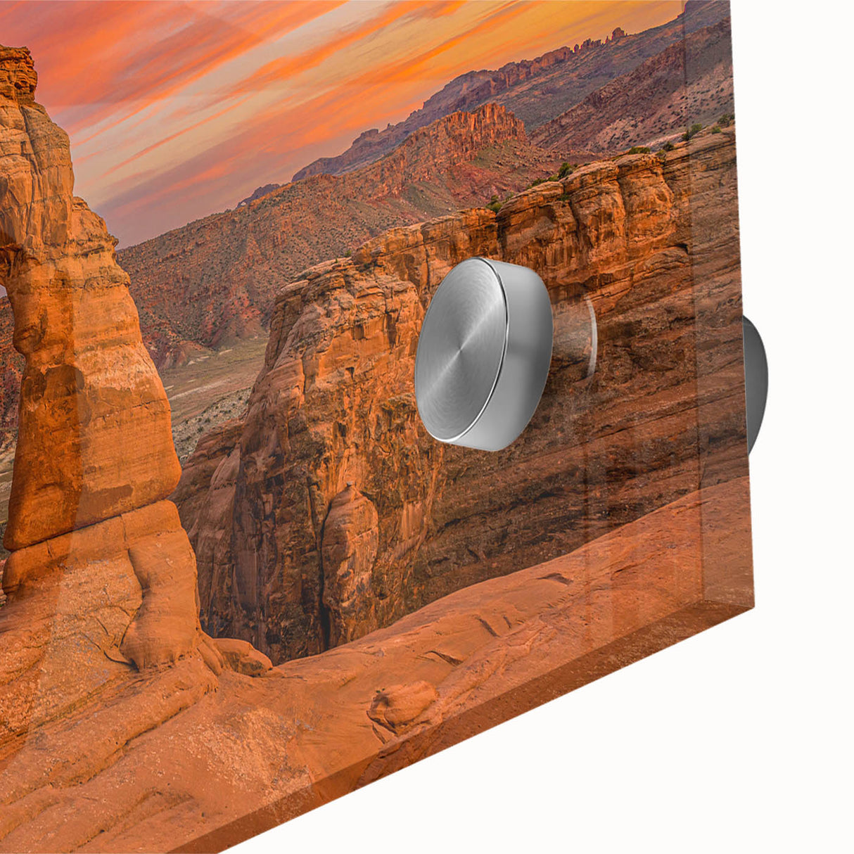 Mid-century modernist abstract art of Arches National Park in vibrant red and orange tones on acrylic glass.