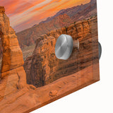 Mid-century modernist abstract art of Arches National Park in vibrant red and orange tones on acrylic glass.
