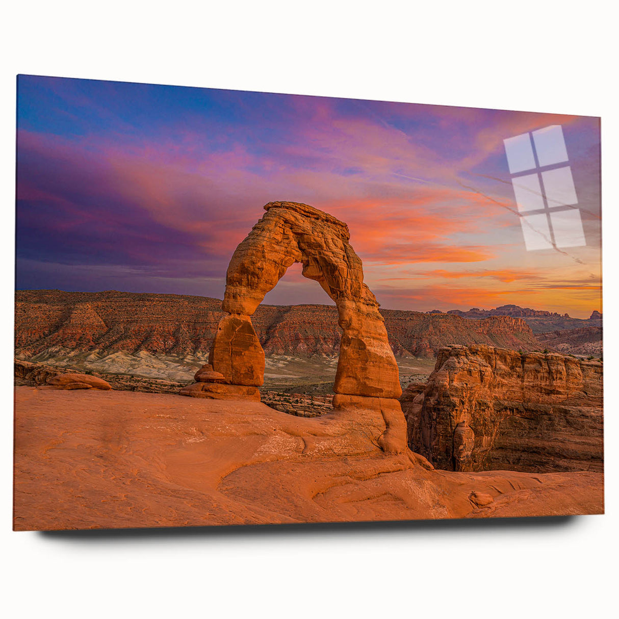 Large abstract depiction of Arches National Park in muted earth tones on acrylic glass, ideal for bedroom or dining room art.