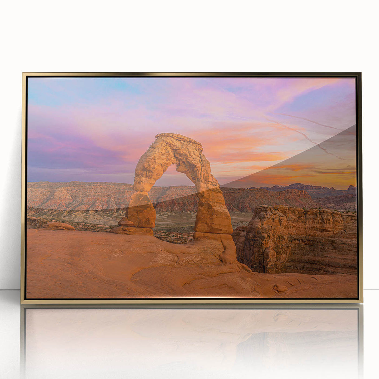 Framed acrylic print of Arches National Park in Utah, featuring mid-century modernist style with warm earth tones.