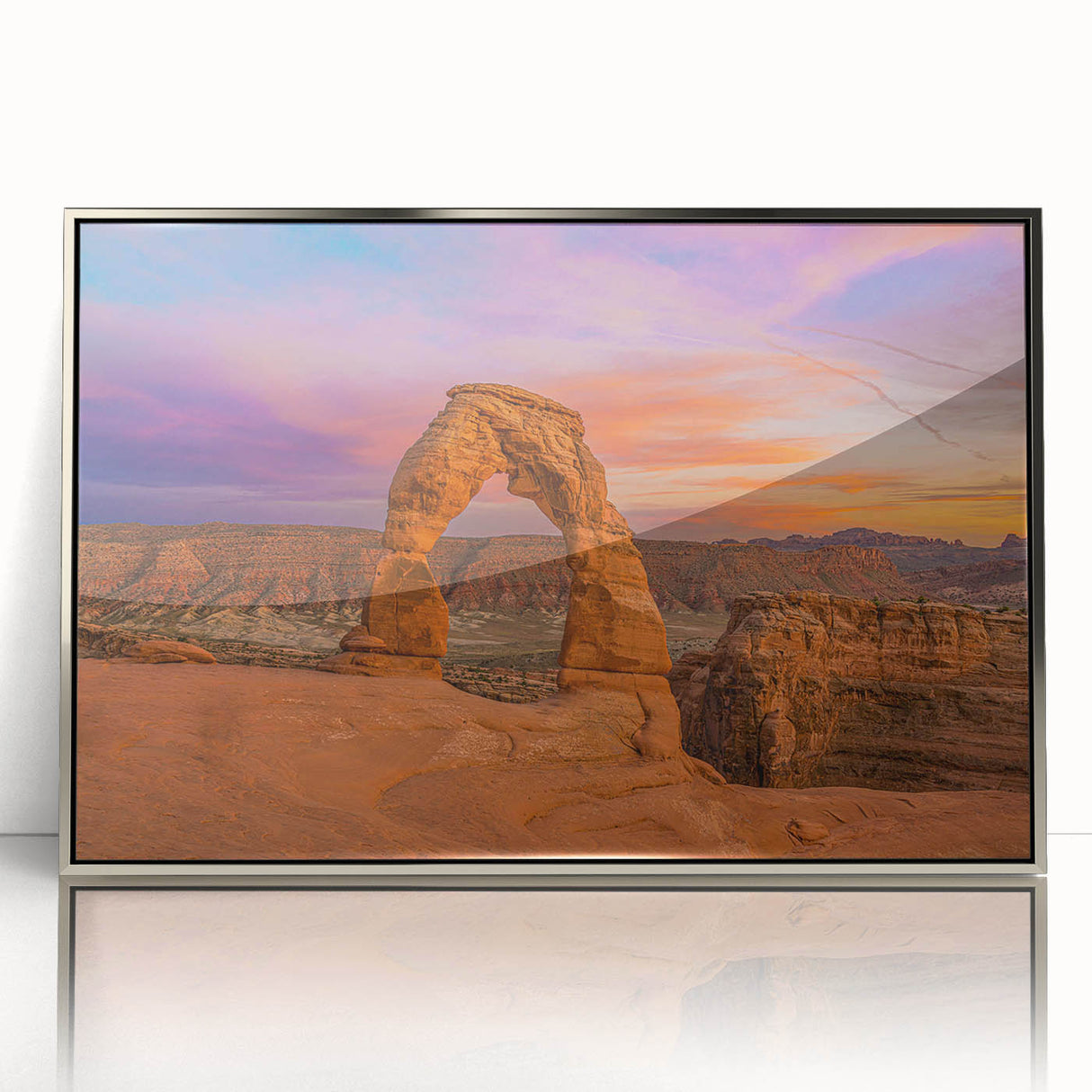 Mid-century modernist art of Arches National Park in muted earth tones, framed acrylic print.