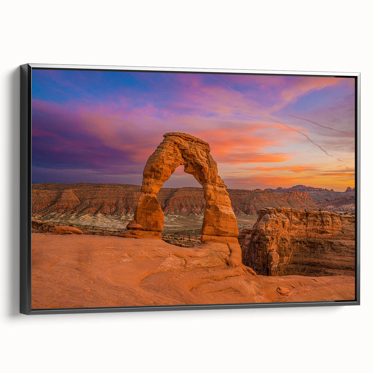 Black and white wall art of Arches National Park on framed canvas, ideal for bedroom decor, featuring vintage poster style.