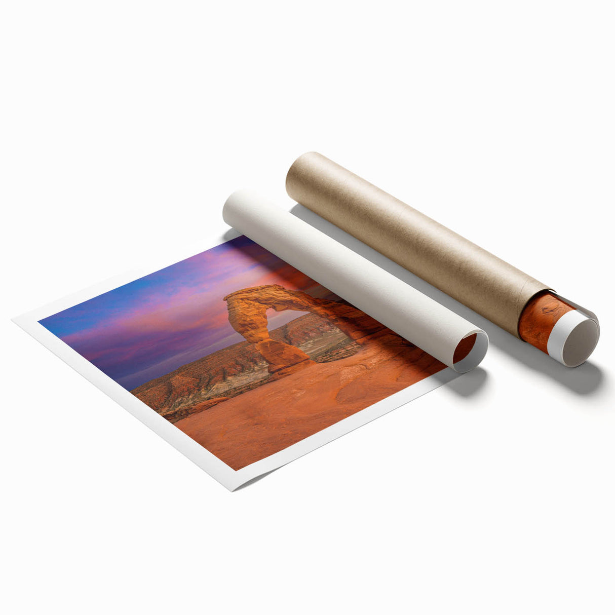 Arches National Park scenery on extra large rolled print, featuring earthy tones and natural rock formations.