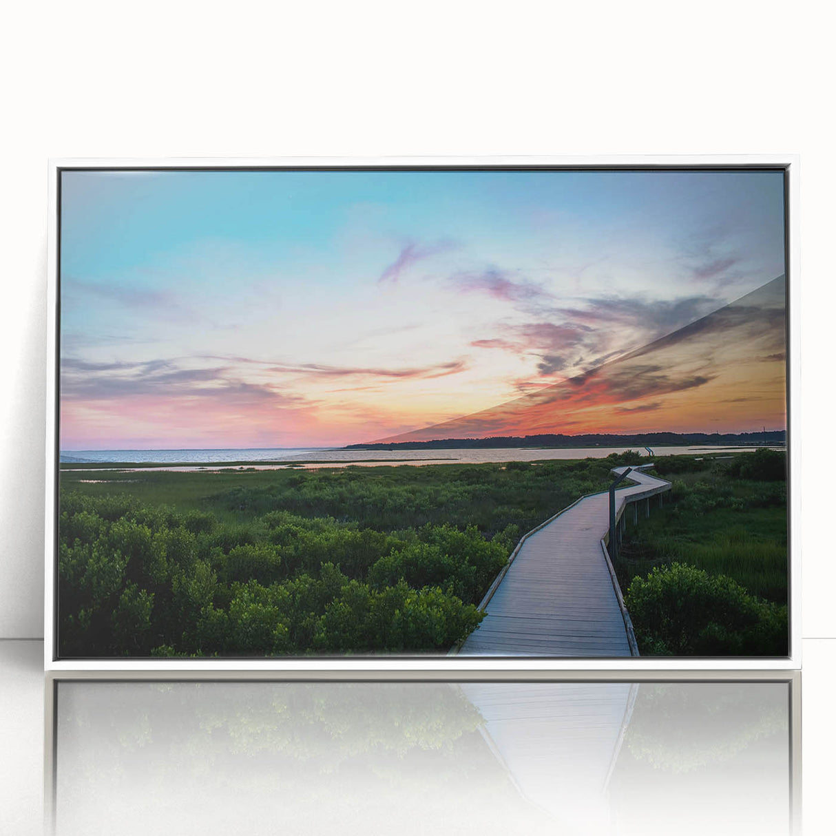 Acrylic print of a serene Virginia landscape in muted green and blue tones, framed in white.