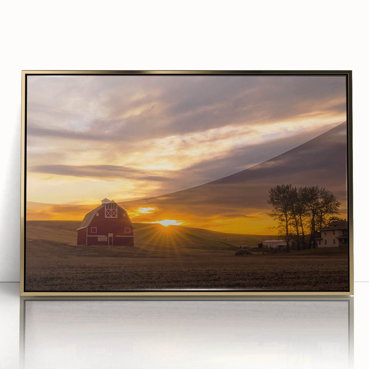 Large art print of Palouse, Washington scenery on gold-framed acrylic.