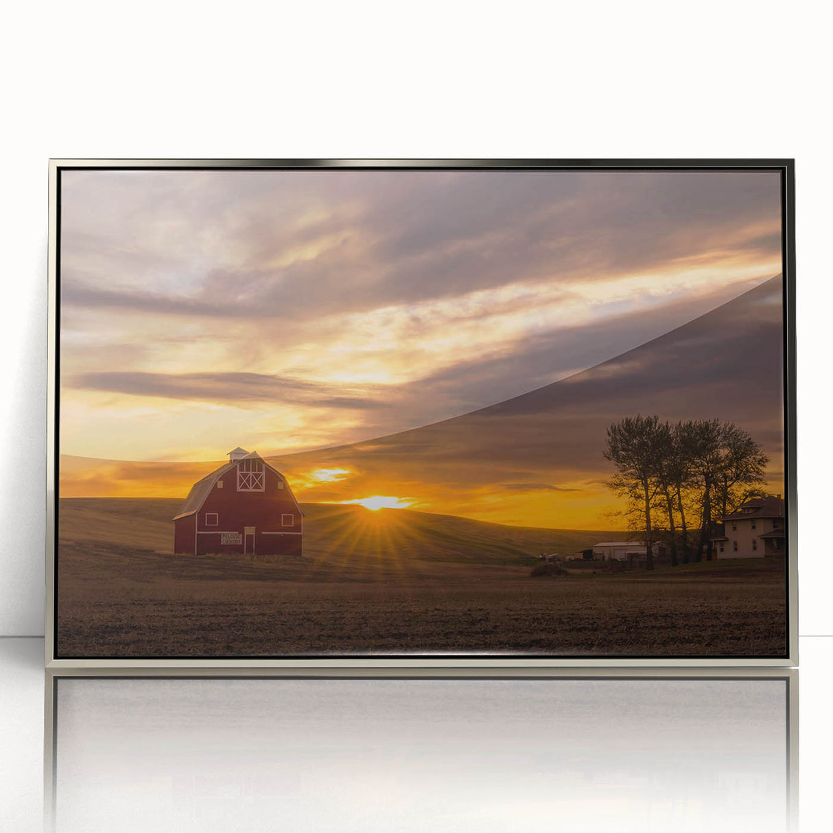 Mid-century modernist art depicting the Palouse hills in muted earth tones, framed in silver acrylic.