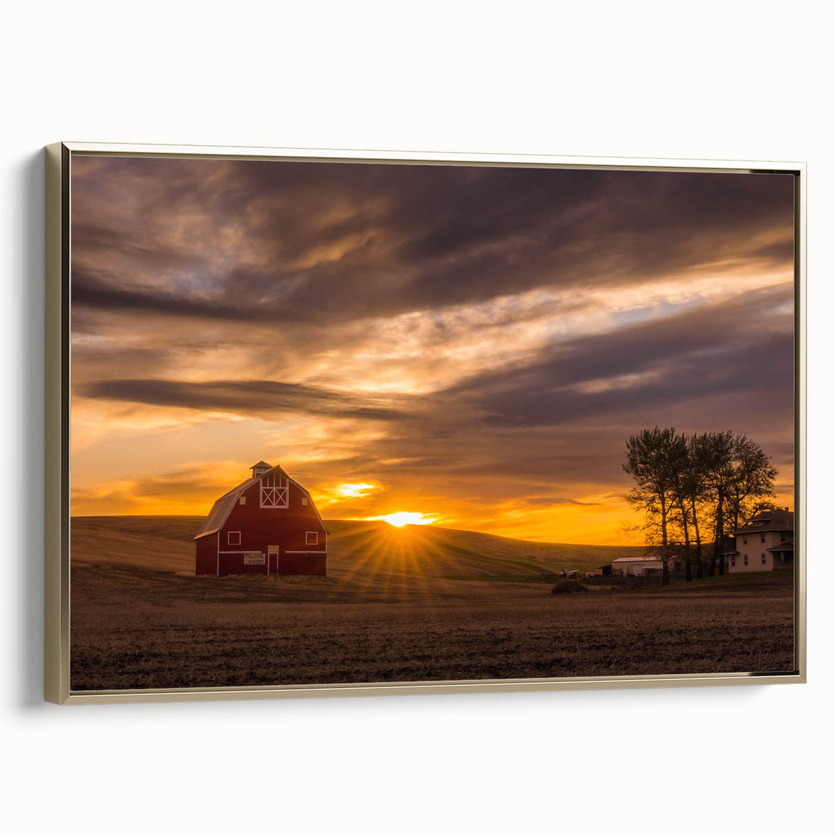 Framed canvas featuring a vintage-style landscape of Palouse, Washington, in gold and black tones.