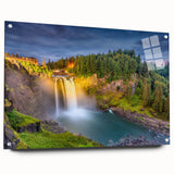 Acrylic print of Seattle skyline with muted blue and gray tones, suitable for bedroom or dining room decor.