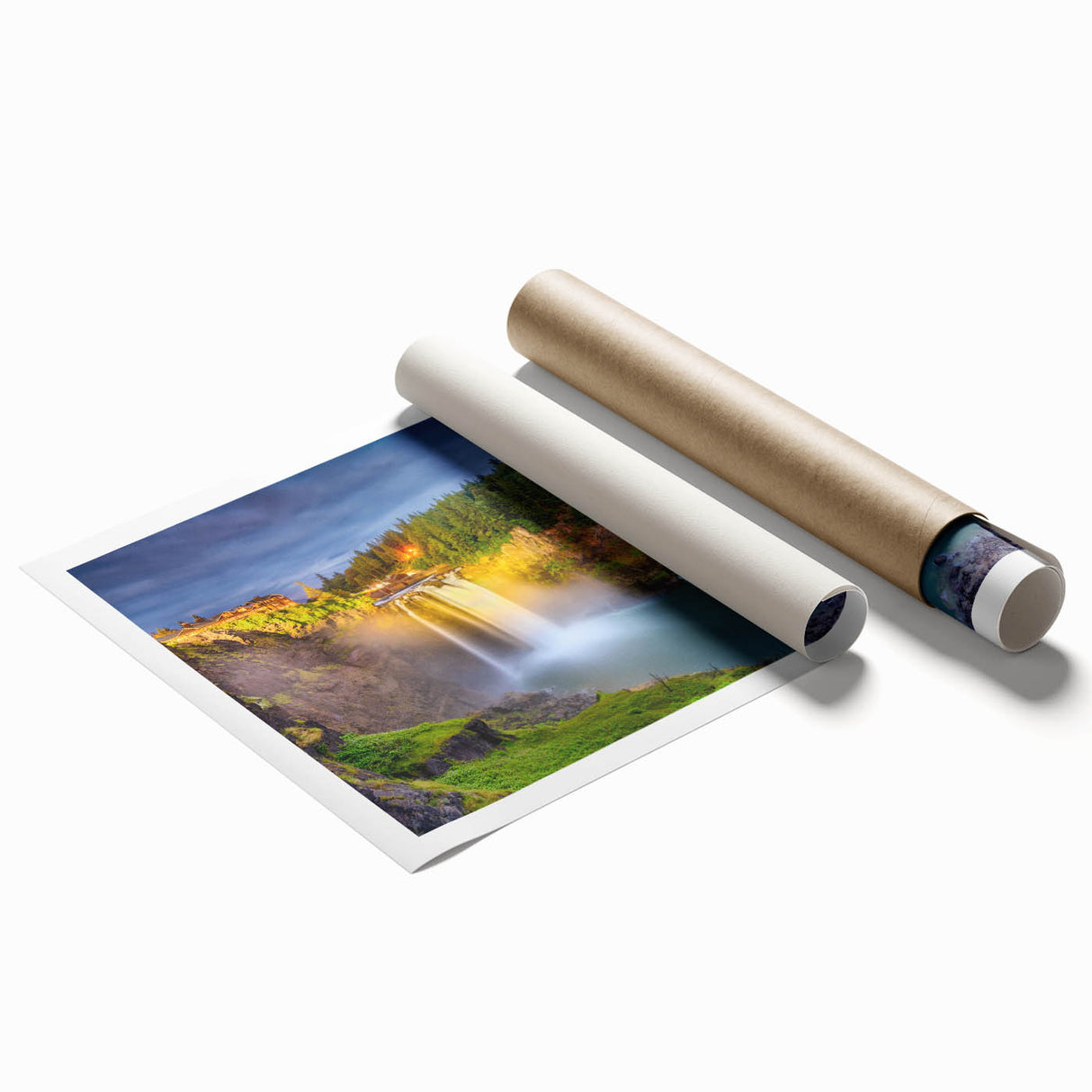 Extra large rolled print of Seattle skyline with floral motifs in soft pastel colors, suitable for classy bathroom wall art.