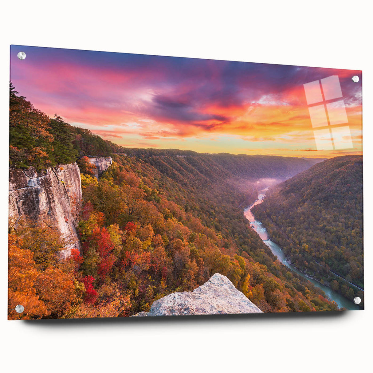 Acrylic print of a West Virginia landscape in muted earth tones, suitable for bedroom or dining room decor.