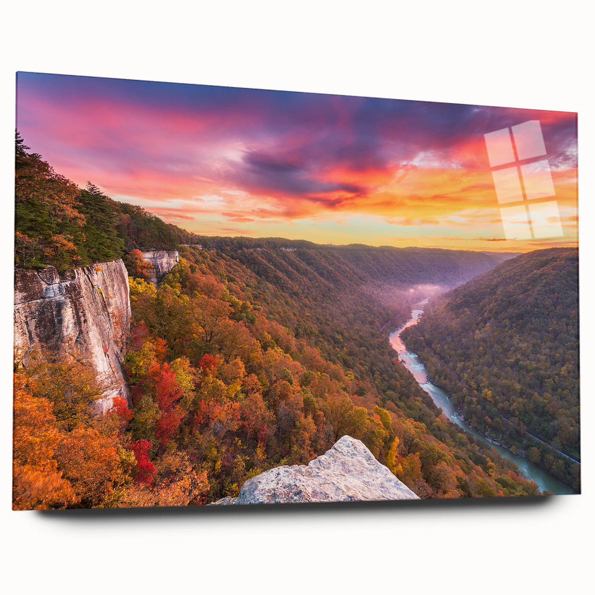 Large abstract depiction of West Virginia scenery in muted earth tones on acrylic glass.