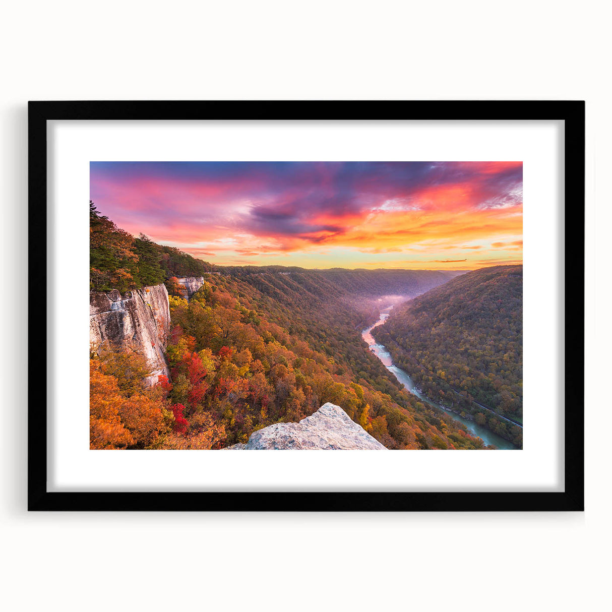 Extra large abstract art print of West Virginia scenery in vibrant colors on a textured canvas, framed in black.