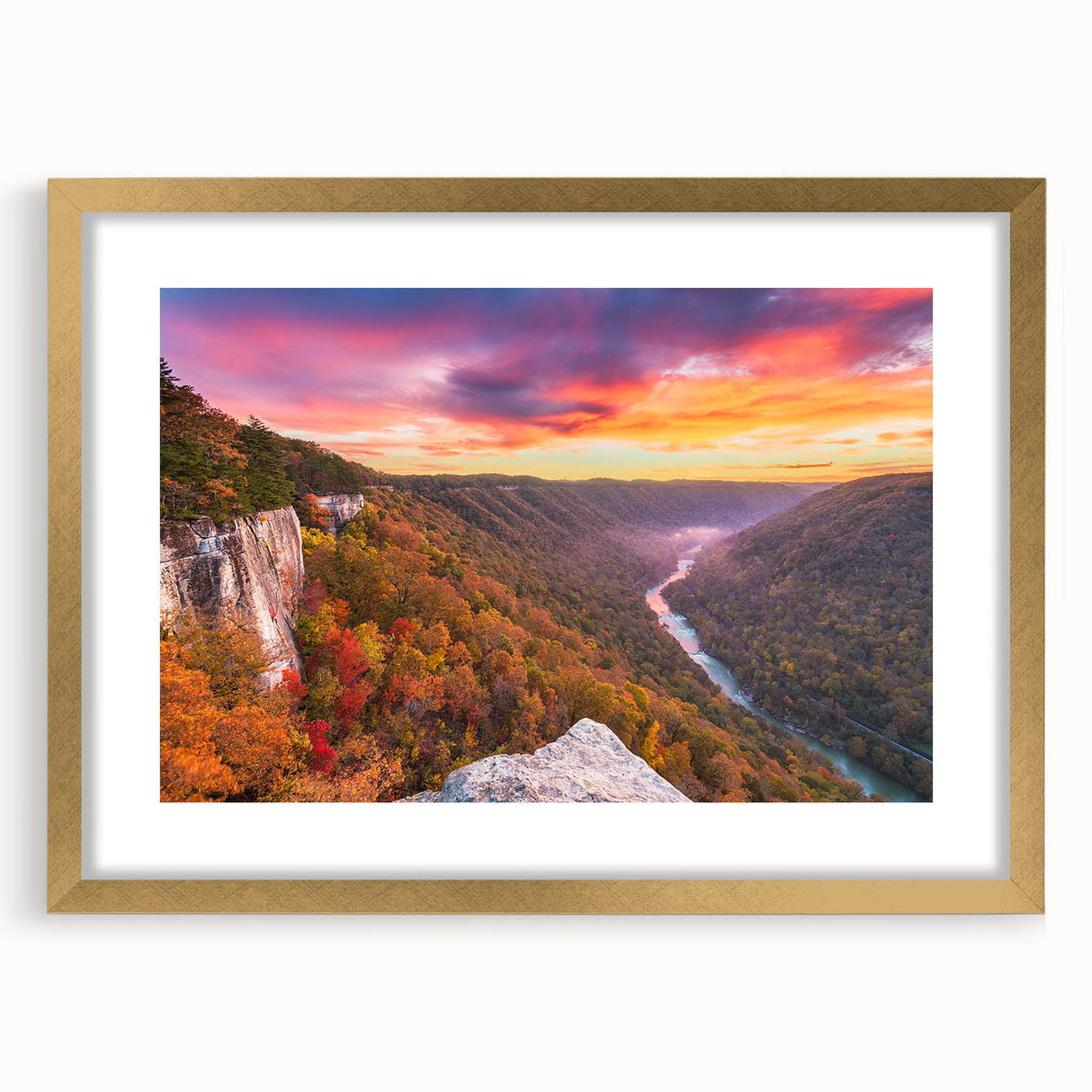 Extra large abstract art print of a textured West Virginia scenery in muted earth tones on a gold-framed canvas.
