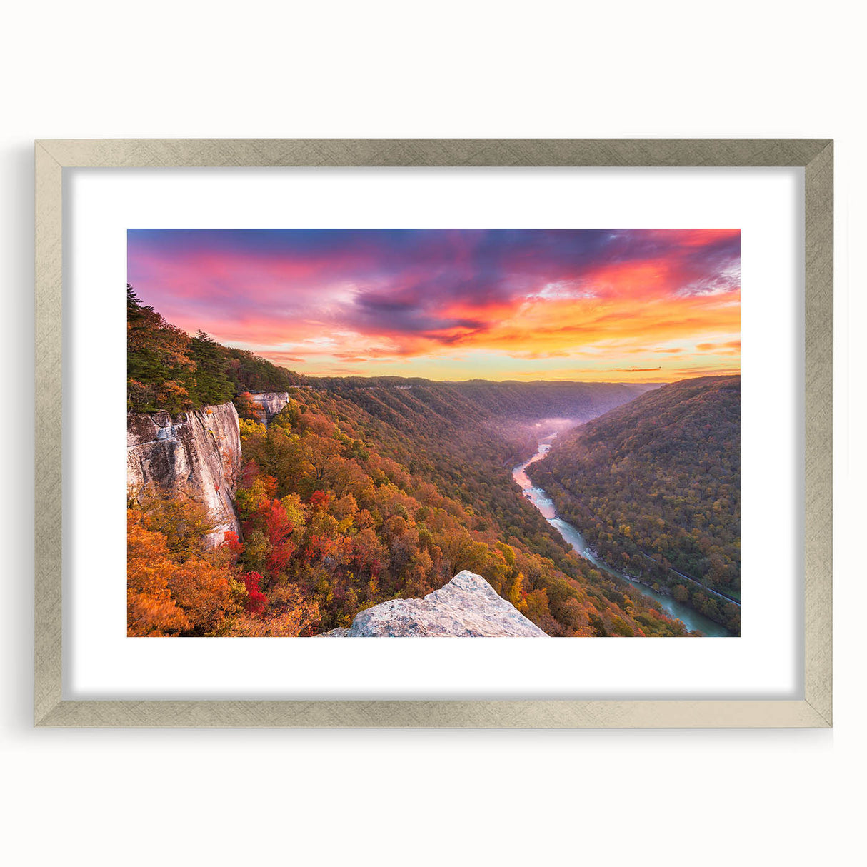Textured abstract art print of West Virginia scenery in muted earth tones on a framed silver mat, suitable for bedroom decor.