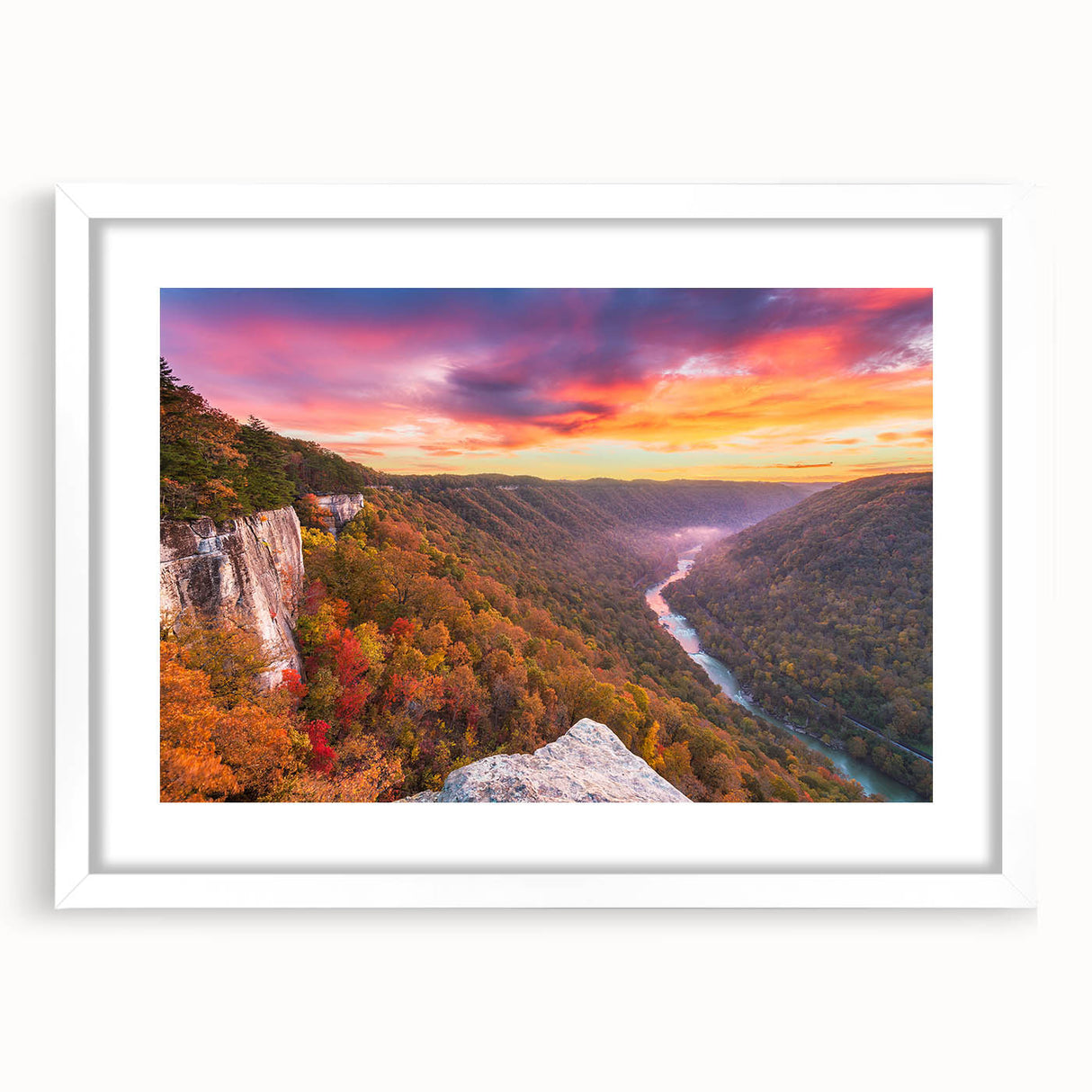 Abstract art print of West Virginia scenery in muted earth tones on a framed white mat, suitable for dining room decor.
