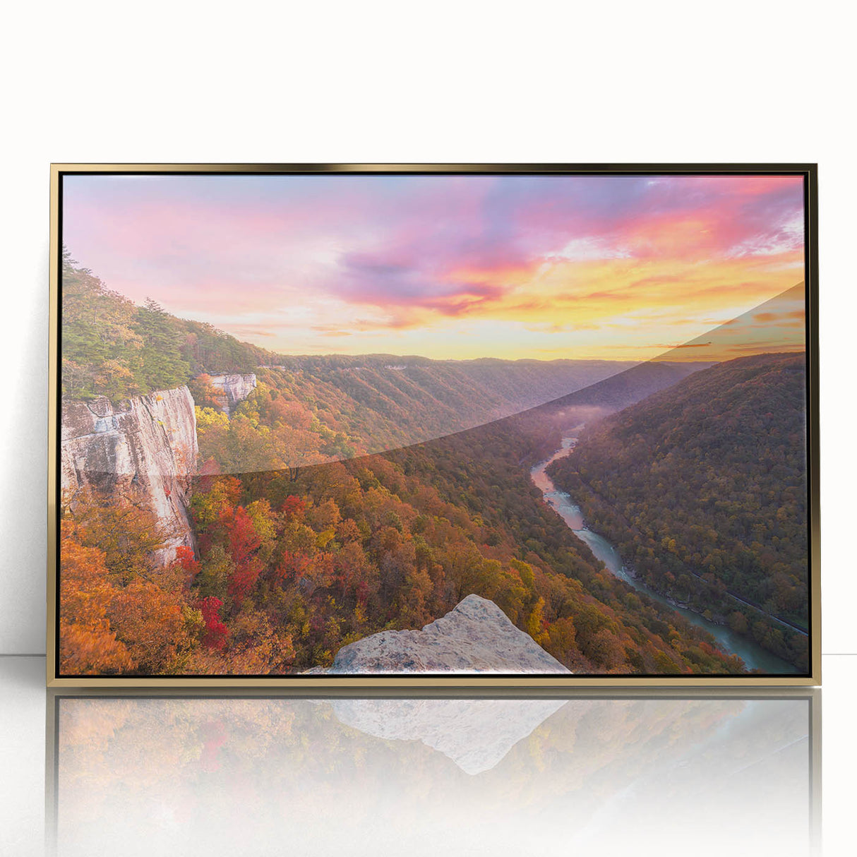Framed acrylic print of a West Virginia landscape in gold tones, suited for mid-century modernist decor or nursery wall art.