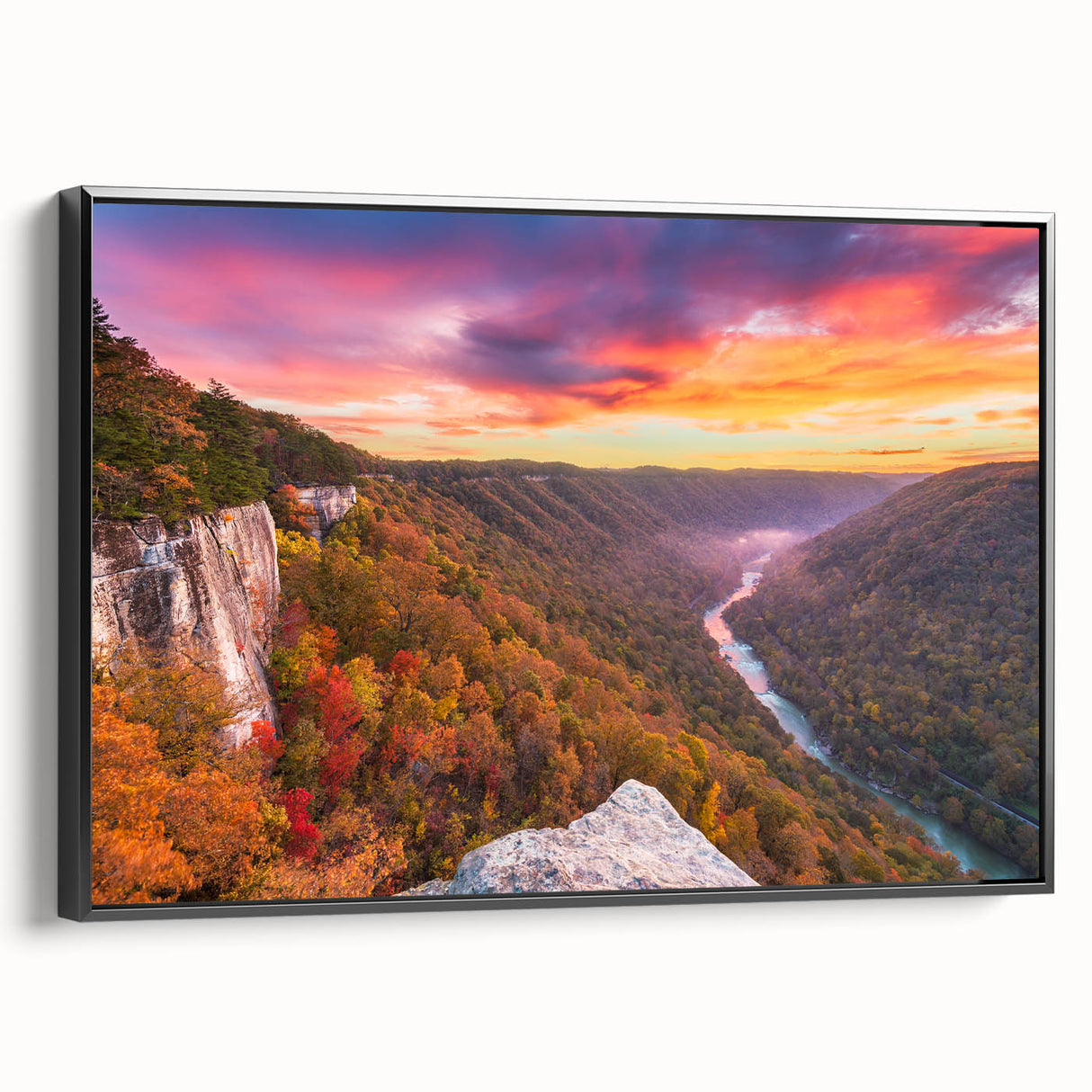 Black and white framed canvas of a vintage West Virginia landscape, ideal for bedroom wall decor.