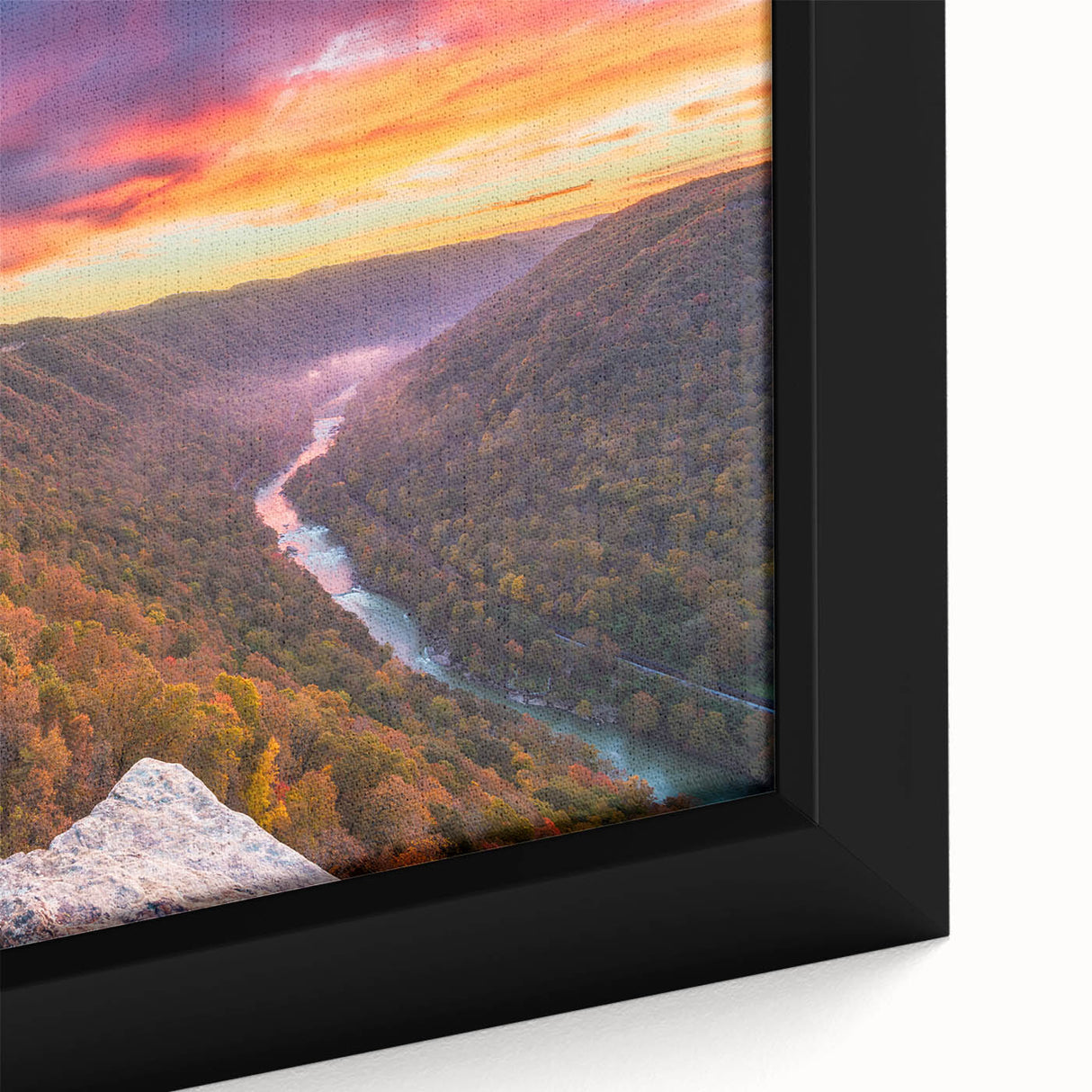 Black wall art depicting a textured West Virginia landscape on a framed canvas, with vibrant colors.