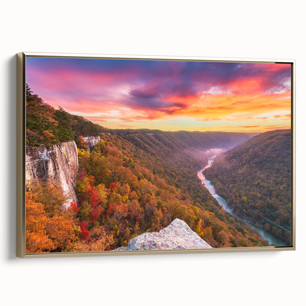 Framed canvas landscape art painting of West Virginia scenery in muted earth tones, ideal for bedroom wall decor.