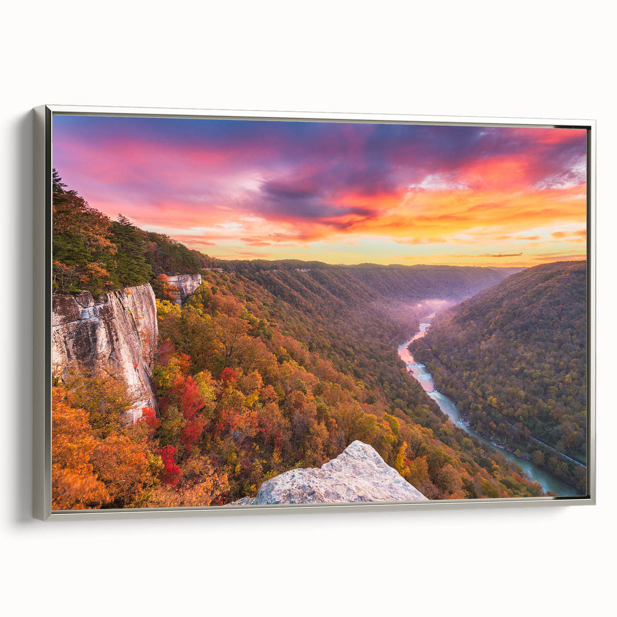 Landscape art painting of West Virginia scenery in colorful hues on a silver-framed canvas, ideal for living room decor.