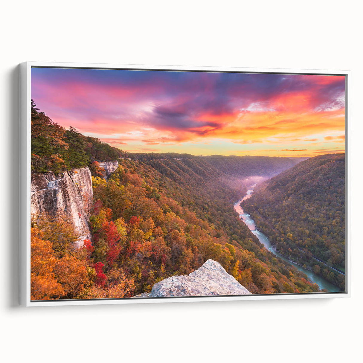 Vintage poster art of West Virginia scenery on a framed canvas, featuring colorful art with black edges.