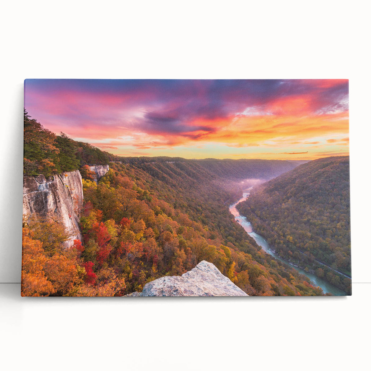 Black and white stretched canvas of a serene West Virginia landscape, ideal for kitchen wall art.