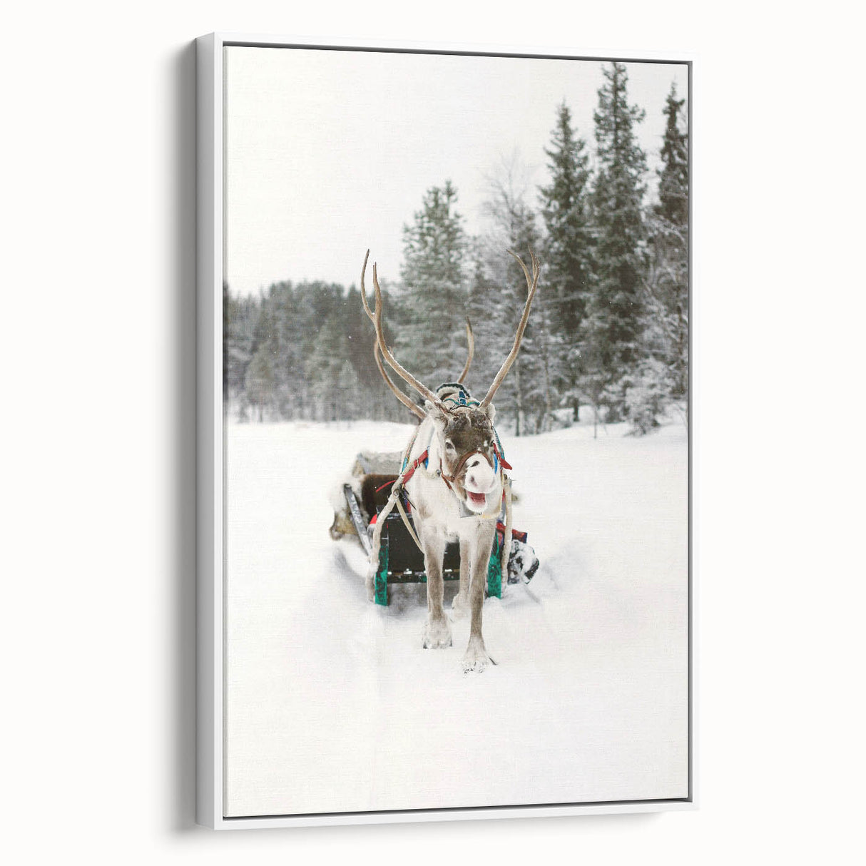 Vintage poster art of a winter scene on extra large framed canvas, featuring a black and colorful palette.