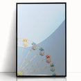 Large abstract wall art in mid-century modernist style, featuring vibrant blue and orange tones on a framed acrylic print.