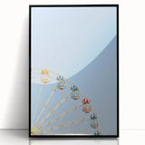 Large abstract wall art in mid-century modernist style, featuring vibrant blue and orange tones on a framed acrylic print.