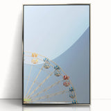 Mid-century modernist art deco poster in silver frame depicting abstract shapes, ideal for nursery wall art.