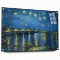 Large abstract wall art on acrylic glass depicting swirling blue and yellow patterns.