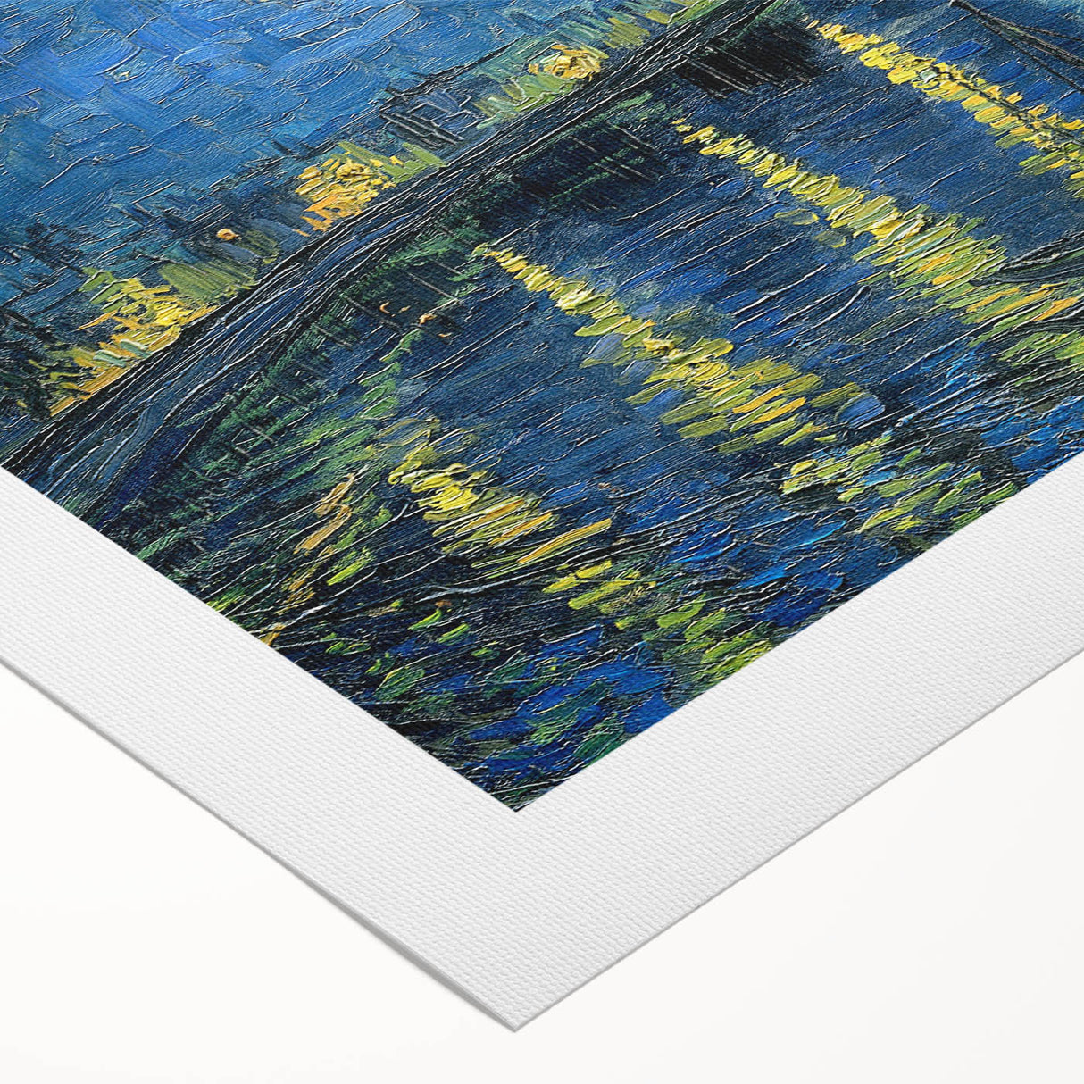 Art deco poster of a starry night over a village, in deep blue and yellow tones, on rolled canvas.