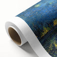 Art Deco style poster of a starry night scene on rolled canvas, with deep blue and yellow tones.