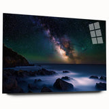 Acrylic landscape art print showcasing dramatic cliffs in vibrant colors, framed in sleek glass for a modern aesthetic, perfect for home decor.