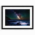 Black-framed landscape artwork showcasing dramatic cliffs and serene skies, elegantly matted for a polished presentation, ideal for home or office decor.