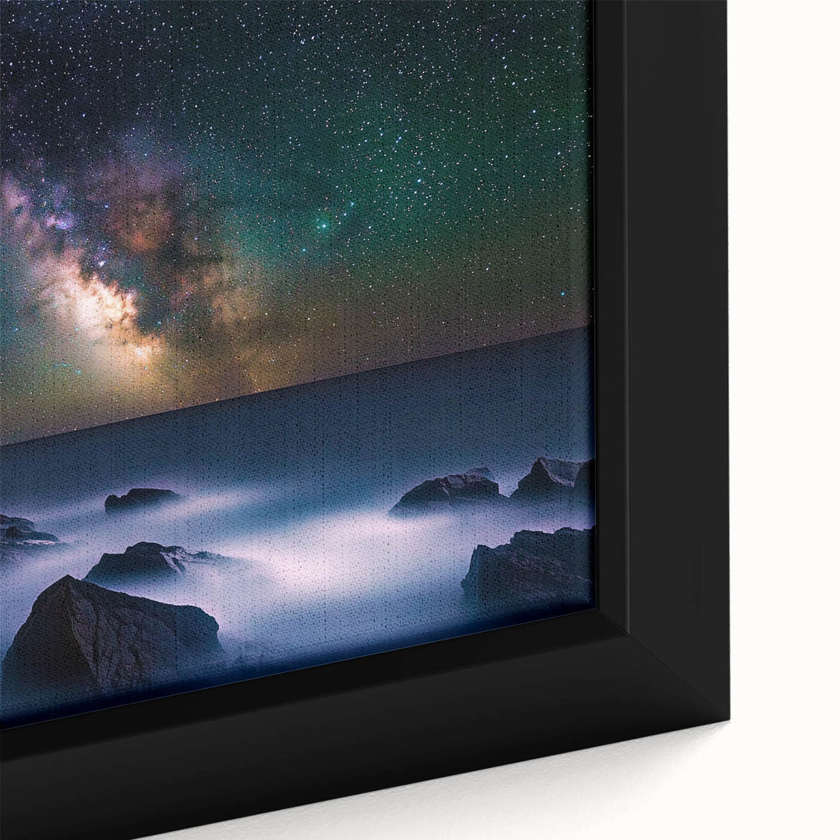 Close-up view of a framed canvas artwork depicting vibrant cliffs and landscapes, showcasing intricate details and rich colors, ideal for home decor.