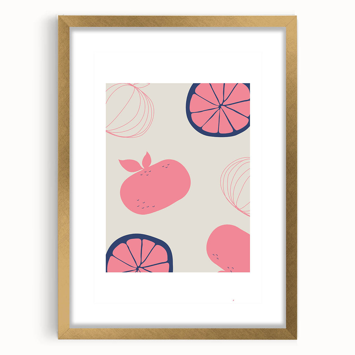 Extra large abstract art print featuring textured fruits in vibrant colors, framed in gold, ideal for living room decor.