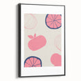 Black and white framed canvas featuring a vintage poster art design of assorted fruits, suitable for bedroom wall decor.