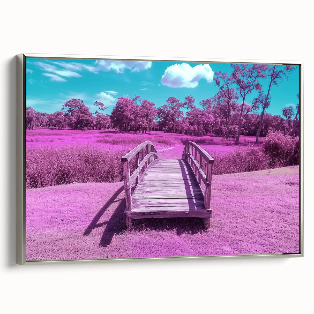 Framed canvas art showcasing a landscape view of a bridge, highlighted by a sleek silver frame. Perfect for modern home decor, adding elegance to any room.