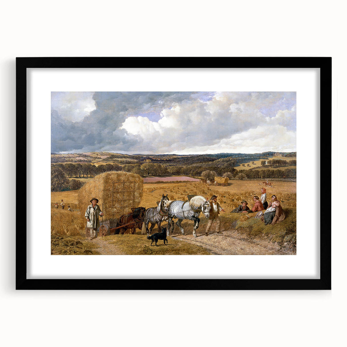 Realism Art Print of a Scenic Harvest Scene with Horses and Farmers